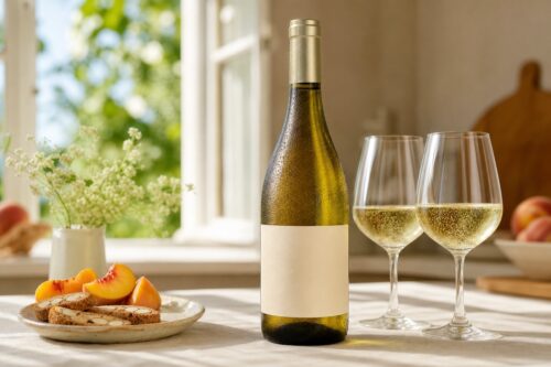 Bouteille de vin doux pétillant à étiquette vierge avec deux verres, pêches et biscuits aux amandes