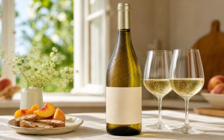 Bouteille de vin doux pétillant à étiquette vierge avec deux verres, pêches et biscuits aux amandes