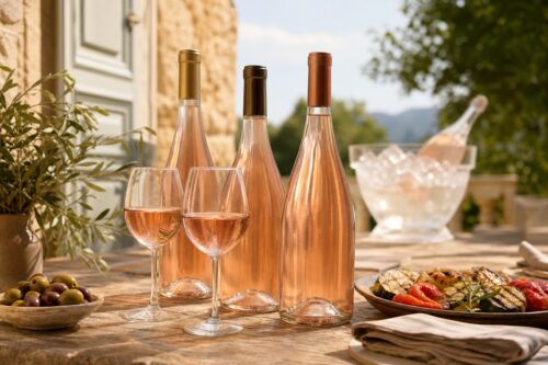 Bouteilles de vin rosé sans étiquette et deux verres sur une table d’été