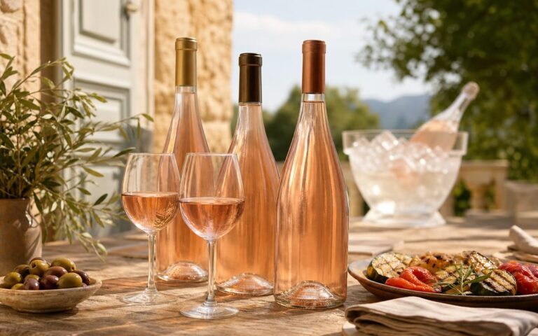 Bouteilles de vin rosé sans étiquette et deux verres sur une table d’été
