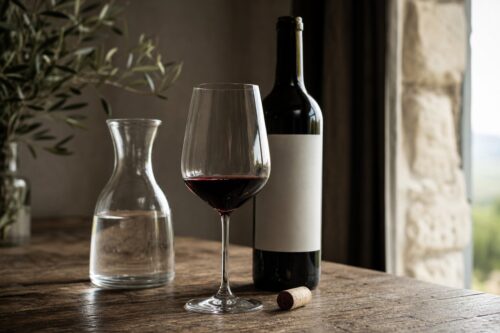 Verre de vin rouge, bouteille neutre et carafe d’eau sur une table en bois