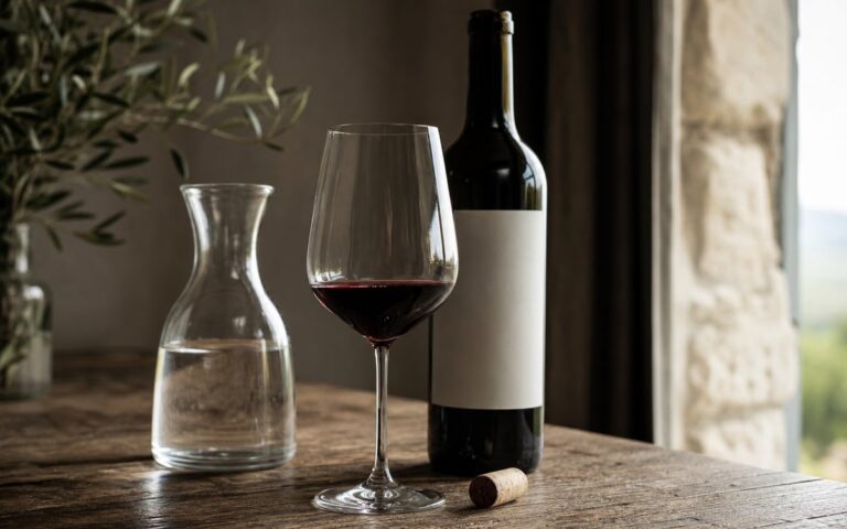Verre de vin rouge, bouteille neutre et carafe d’eau sur une table en bois
