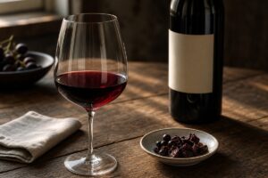 Verre de vin rouge, bouteille neutre et raisins secs sur une table en bois