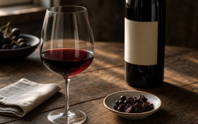 Verre de vin rouge, bouteille neutre et raisins secs sur une table en bois