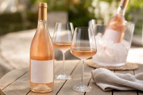 Bouteille de vin rosé fraîche avec deux verres sur une table d’été