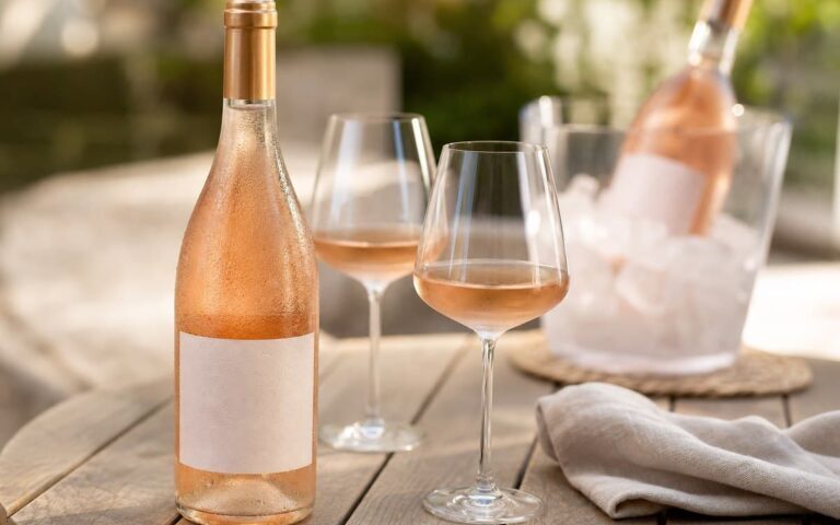 Bouteille de vin rosé fraîche avec deux verres sur une table d’été