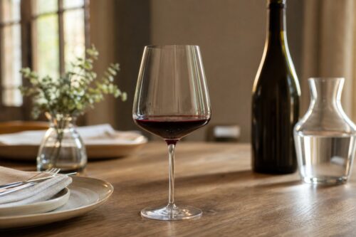 Verre de vin rouge servi en quantité modérée sur une table en bois