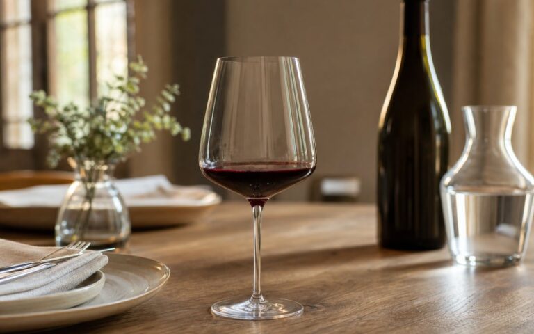 Verre de vin rouge servi en quantité modérée sur une table en bois