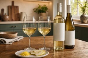 Deux bouteilles de vin blanc aux étiquettes vierges avec deux verres sur une table de cuisine