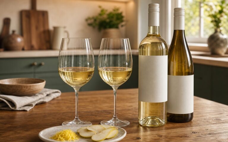 Deux bouteilles de vin blanc aux étiquettes vierges avec deux verres sur une table de cuisine