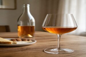 Verre de vin orange ambré avec bouteille neutre sur une table en bois