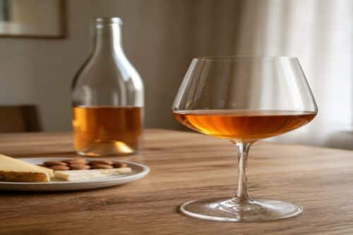 Verre de vin orange ambré avec bouteille neutre sur une table en bois