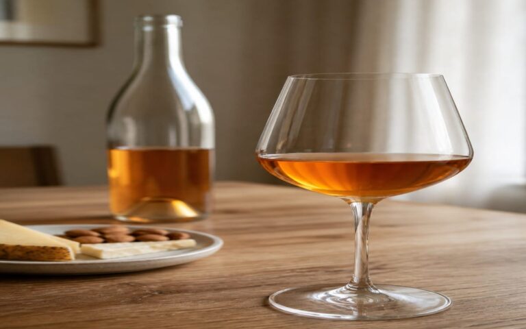 Verre de vin orange ambré avec bouteille neutre sur une table en bois