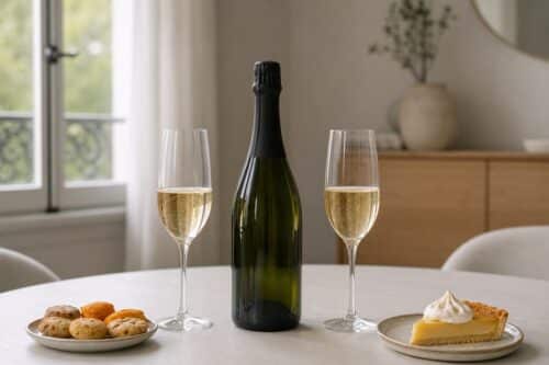 Bouteille de champagne neutre avec deux flûtes, biscuits apéritifs et dessert sur une table claire
