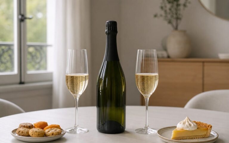 Bouteille de champagne neutre avec deux flûtes, biscuits apéritifs et dessert sur une table claire