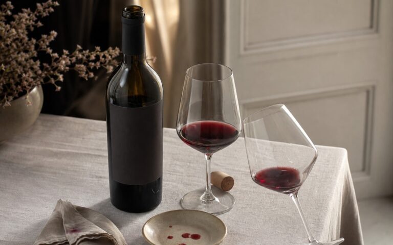 Bouteille de vin rouge ouverte avec deux verres sur une table claire