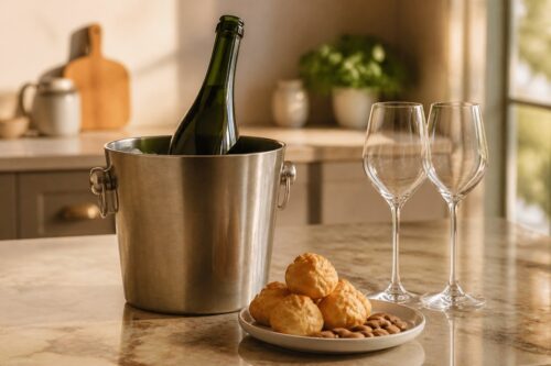 Bouteille de champagne sans étiquette dans un seau à glace, deux verres et des gougères