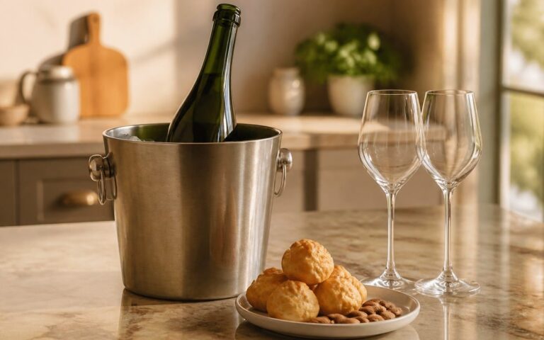 Bouteille de champagne sans étiquette dans un seau à glace, deux verres et des gougères