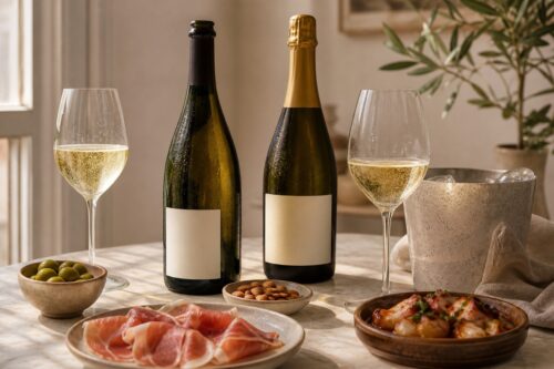 Deux bouteilles de vin effervescent sans marque, verres de bulles, olives, amandes et tapas sur une table, sans texte ni personne