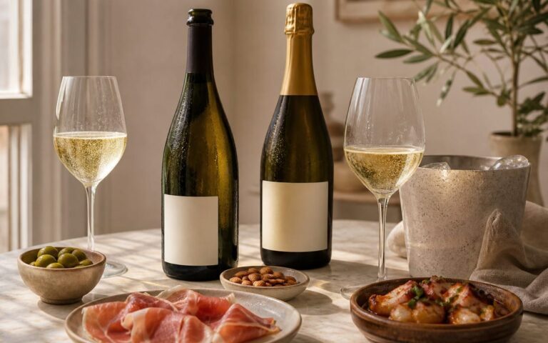 Deux bouteilles de vin effervescent sans marque, verres de bulles, olives, amandes et tapas sur une table, sans texte ni personne