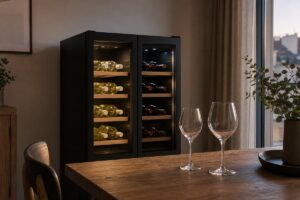 Cave à vin noire à deux portes avec bouteilles blanches et rouges, deux verres vides au premier plan, sans marque ni personne