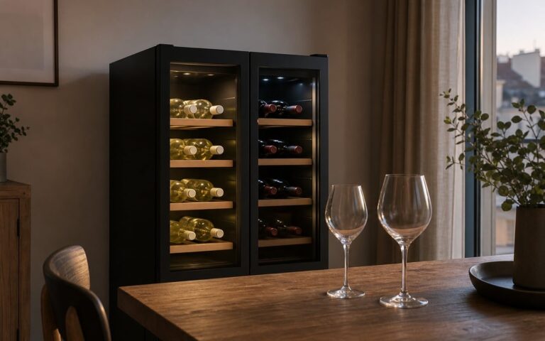 Cave à vin noire à deux portes avec bouteilles blanches et rouges, deux verres vides au premier plan, sans marque ni personne