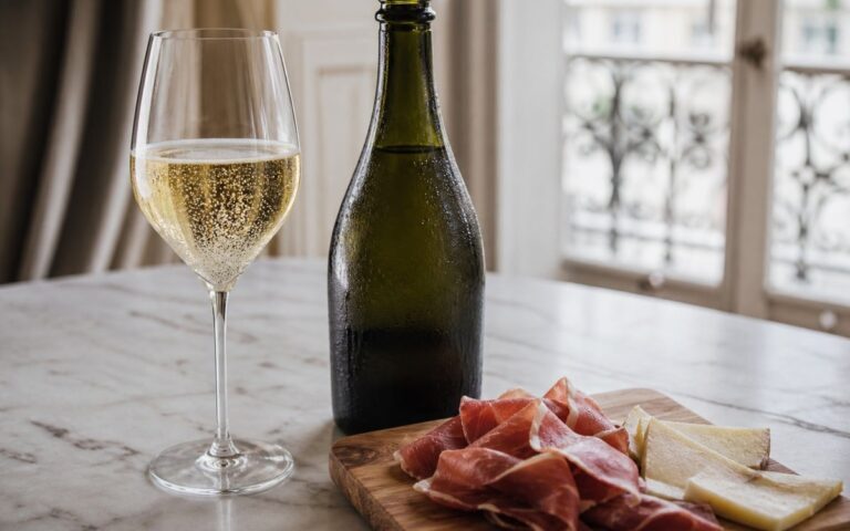 Bouteille de champagne sans étiquette, verre de bulles, jambon cru et comté sur une planche