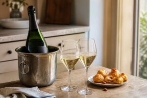 Bouteille de champagne sans marque dans un seau à glace avec deux verres et des gougères, sans texte ni personne
