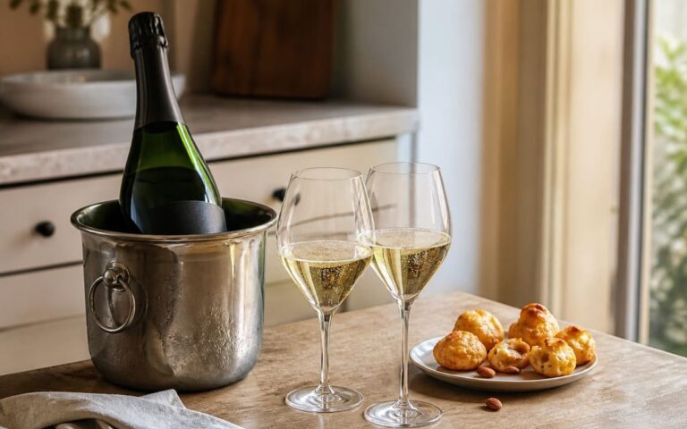 Bouteille de champagne sans marque dans un seau à glace avec deux verres et des gougères, sans texte ni personne