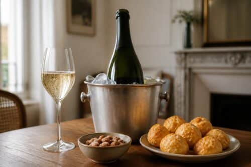 Bouteille de champagne sans étiquette dans un seau à glace, flûte de champagne, amandes et gougères sur une table, sans texte ni personne
