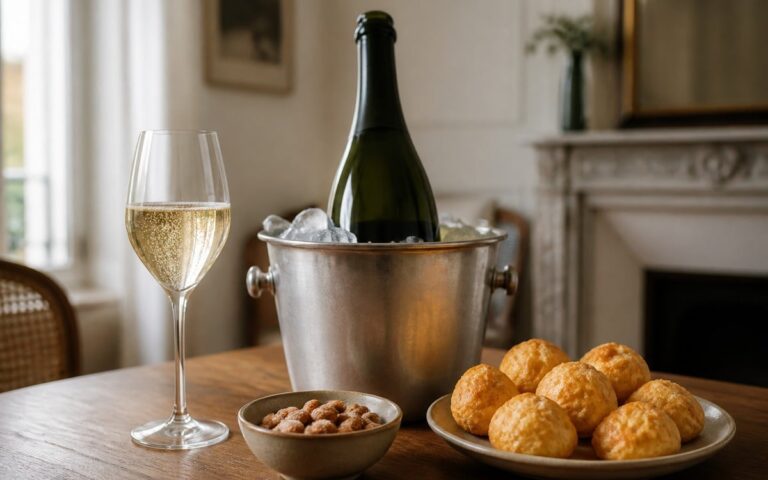 Bouteille de champagne sans étiquette dans un seau à glace, flûte de champagne, amandes et gougères sur une table, sans texte ni personne