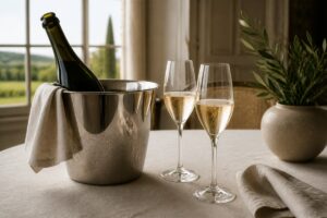 Bouteille de champagne sans étiquette dans un seau avec deux verres tulipe, sans texte ni personne