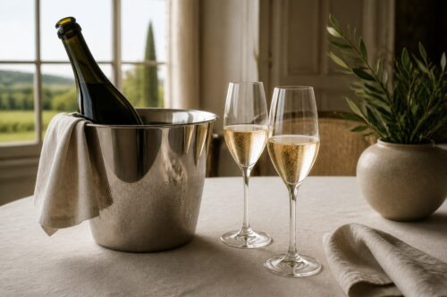 Bouteille de champagne sans étiquette dans un seau avec deux verres tulipe, sans texte ni personne