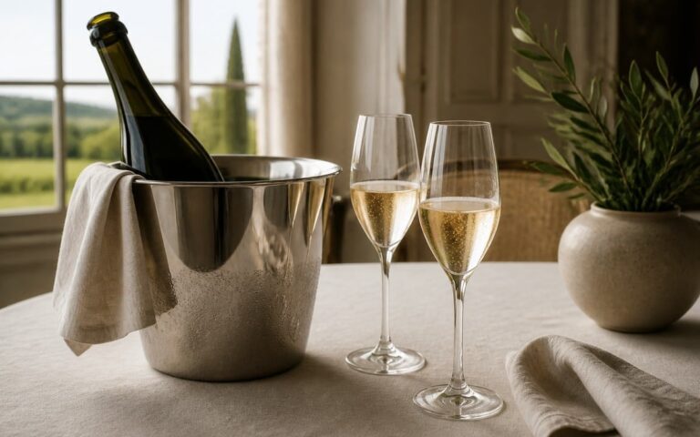 Bouteille de champagne sans étiquette dans un seau avec deux verres tulipe, sans texte ni personne
