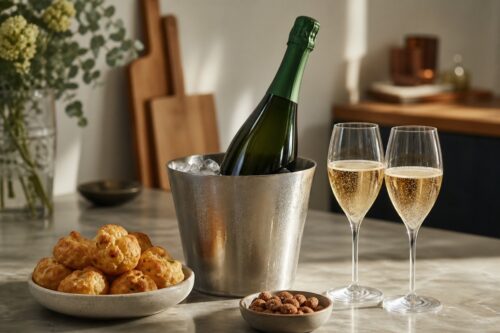 Bouteille de champagne sans étiquette dans un seau à glace avec deux verres et des gougères, sans texte ni personne