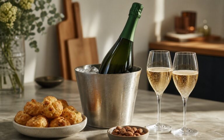 Bouteille de champagne sans étiquette dans un seau à glace avec deux verres et des gougères, sans texte ni personne