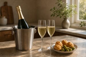Bouteille de champagne sans étiquette en seau à glace avec deux verres et des bouchées apéritives, sans texte ni personne