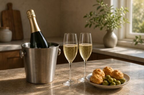 Bouteille de champagne sans étiquette en seau à glace avec deux verres et des bouchées apéritives, sans texte ni personne