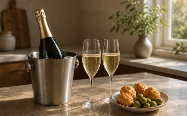Bouteille de champagne sans étiquette en seau à glace avec deux verres et des bouchées apéritives, sans texte ni personne