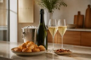 Bouteille de champagne sans marque avec deux verres, seau à glace, gougères et amandes, sans texte ni personne