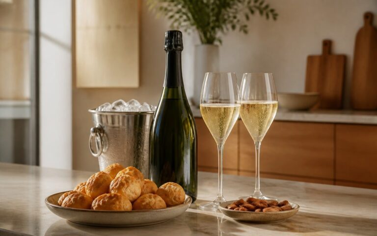 Bouteille de champagne sans marque avec deux verres, seau à glace, gougères et amandes, sans texte ni personne