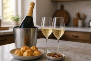 Bouteille de champagne sans étiquette dans un seau à glace avec deux verres et gougères, sans texte ni personne