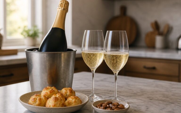 Bouteille de champagne sans étiquette dans un seau à glace avec deux verres et gougères, sans texte ni personne