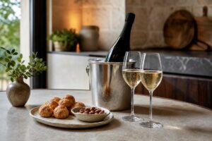 Bouteille de champagne sans marque en seau à glace avec deux verres, gougères et amandes, sans texte ni personne