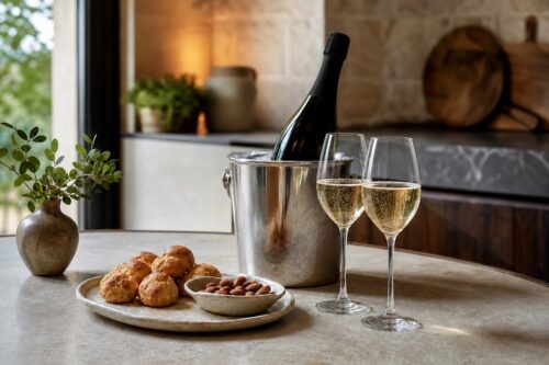 Bouteille de champagne sans marque en seau à glace avec deux verres, gougères et amandes, sans texte ni personne