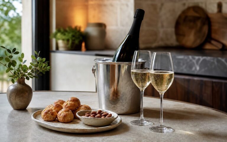 Bouteille de champagne sans marque en seau à glace avec deux verres, gougères et amandes, sans texte ni personne