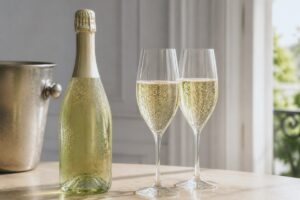 Bouteille de champagne sans étiquette avec deux verres tulipe, sans texte ni personne