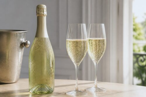 Bouteille de champagne sans étiquette avec deux verres tulipe, sans texte ni personne
