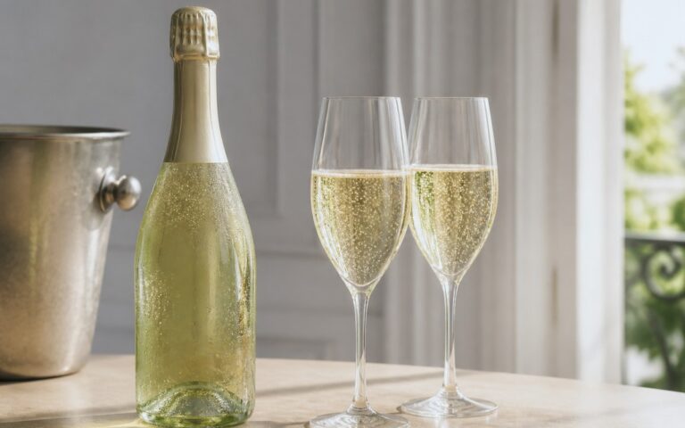 Bouteille de champagne sans étiquette avec deux verres tulipe, sans texte ni personne