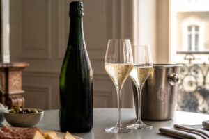 Bouteille de champagne sans étiquette avec deux verres tulipe, sans texte ni personne